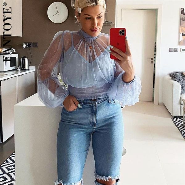 

fantoye mesh sheer women blouse see-through puff long sleeve ladies shirt pearl transparent pink for women blusas new, White