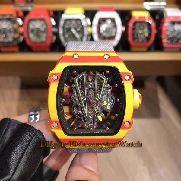 

Brand edition 27 03 rafael nadal tpt red yellow carbon fiber keleton dial miyota automatic men watch grey nylon leather watche, Slivery;brown