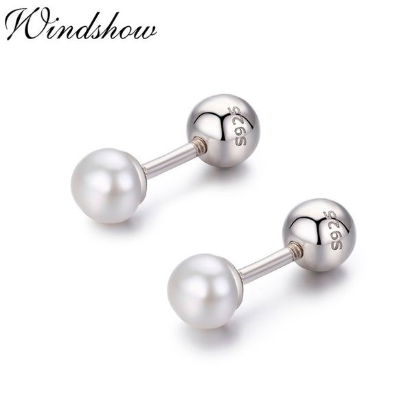 

cute 925 sterling silver bread-type white pearl screw back stud earrings for women girls kids piercing jewelry orecchini aros, Golden