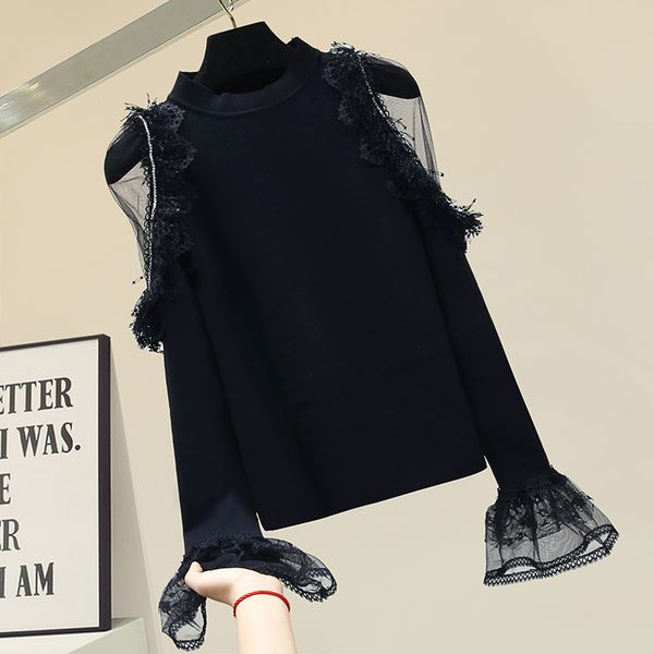 

2020 spring new knit shirt womens bell-sleeve stand-collar black lace patchwork off shoulder bottom sweater female pullover, White;black