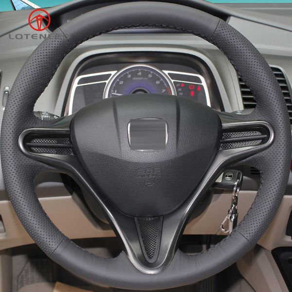 

lqtenleo black artificial leather hand-stitched car steering wheel cover for civic old civic 2004-2011