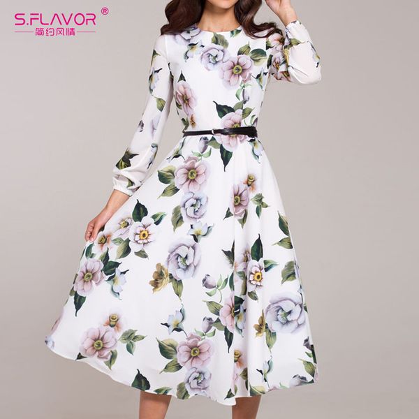 

s.flavor женщины повседневная midi платье 2020 весна печать vestidos de ladies no пояс элегантный vintage a платья line, Black;pink