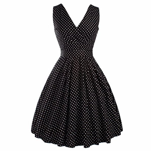 

samtree womens polka dot solid color v neck sleeveless vintage party swing dress, Black;gray