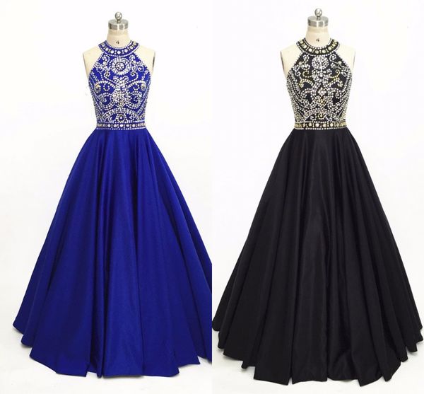 Royal Blue Prom Abiti da ritorno a casa A-line Scollo all'americana Buco della serratura Senza schienale Abiti lunghi in raso di cristallo con perline in oro Abiti da sera Formali economici