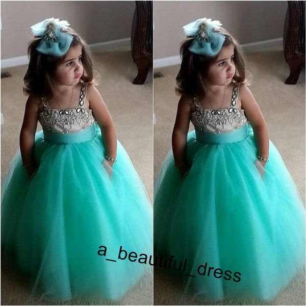 Bonito verde de turquesa FLOWE Meninas Vestidos Spaghetti cristal frisada tule vestido de baile da criança Infaint Pageant Vestidos para meninas FG1260