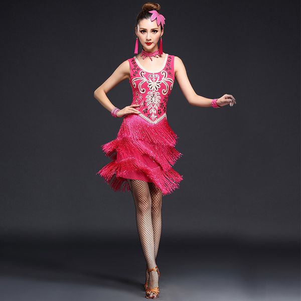 

2019 new unequal women girls sequin fringe tassel skirt plus size m-xxl ladies latin tango ballroom salsa dance dress, Black;red