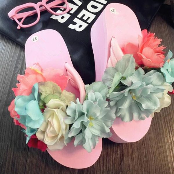 

diy handmade flower summer sandals shoes for women wedges flip flops wedges sandal girl sandy beach shoes woman, Black