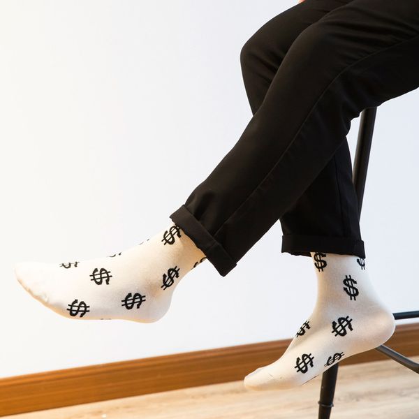 

new fashion spring autumn men socks dollar symbol printed comfortable breathable absorb sweat anti-slip man middle long sock, Black