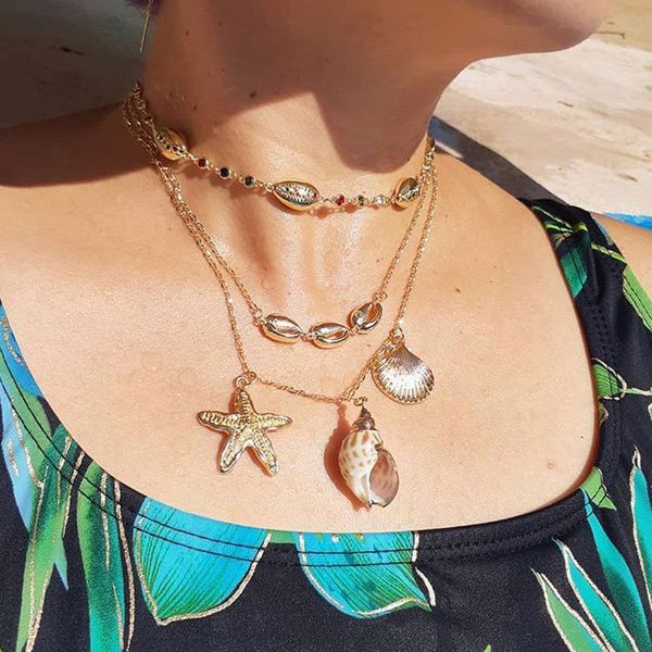 

new fashion gold color cowrie shell choker necklace for women starfish conch pendant long necklace exaggerated statement, Golden;silver