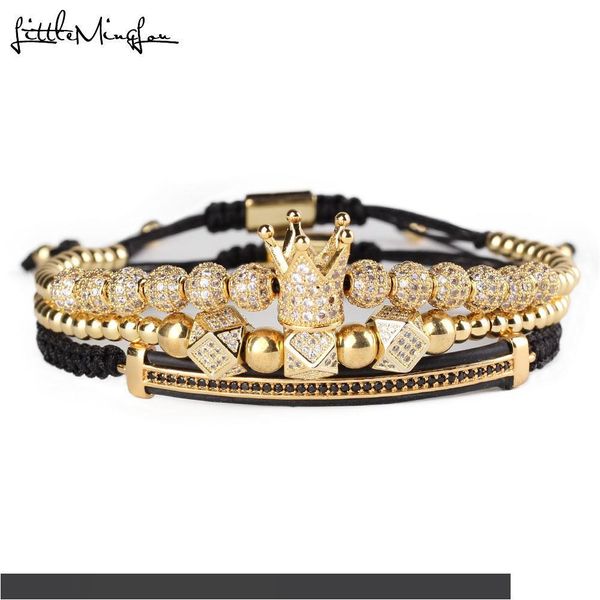 

3 шт. комплект роскошный cz полигон мяч корона шарм медный шарик макраме ручной работы мужские браслеты набор браслеты браслеты для мужчин ю, Golden;silver