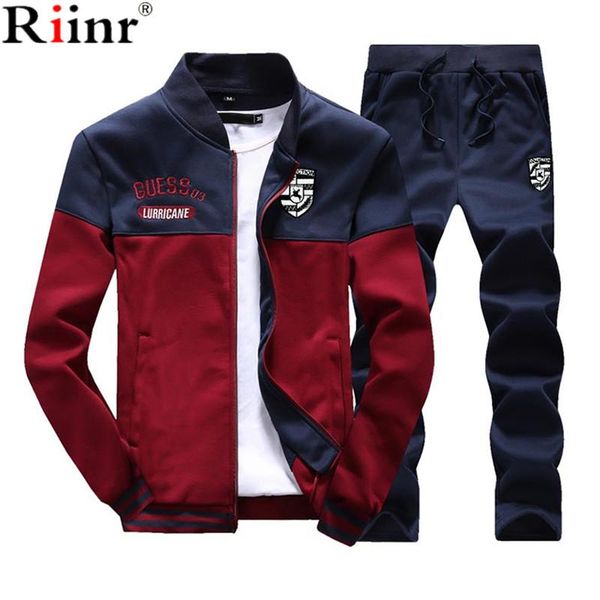 

riinr brand new men sets fashion autumn spring sporting suit sweatshirt +sweatpants 2 pieces mens clothing slim male tracksuit, Gray