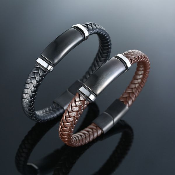 

stainless steel leather braided hand rope curved brand black brown microfiber leather men's fashion casual jewelry bracelet gift