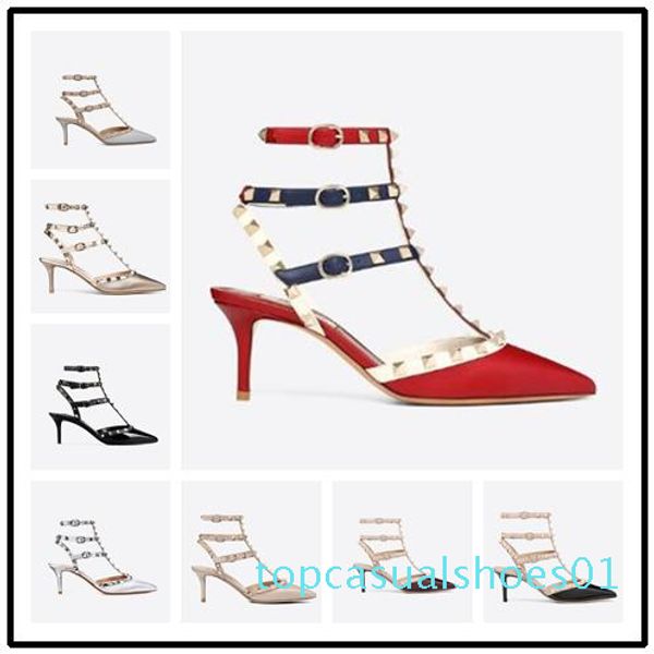 

designer pointed toe studs patent leather rivets sandals womens studded strappy dress shoes valentine 10cm 6cm high heel shoes t01, Black