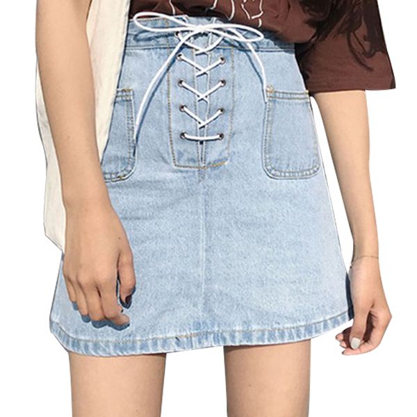 

kawaii women skirt harajuku preppy style a-line lace-up denim mini skirts saia school uniforms faldas ladies jupe, Black;gray