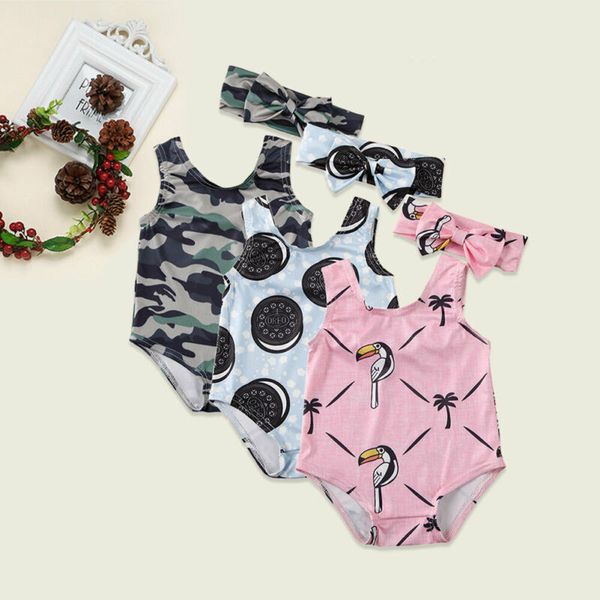 

infant kids swimwear new fashion printed swimsuit newborn baby girls swimming costume with headband one piece summer beachwear