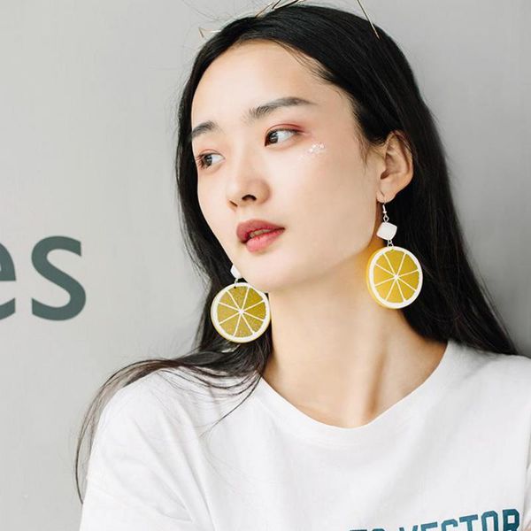 

selling personality temperament orange acrylic earrings fashion temperament fruit lemon long earrings birthday gift jewelry, Silver