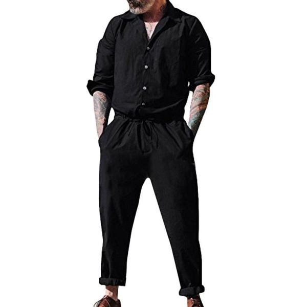 

комбинезоны с длинным рукавом мужчина твердых бинтов кнопка комбинезон с карманами malecoveralls брюки рабочей повседневной игровой одежды п, Black