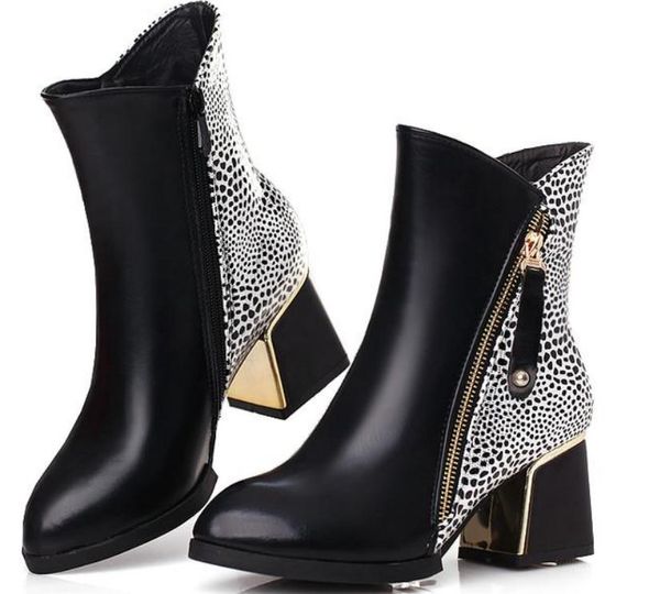 

2018 women's boots in winter with new style high heel coarse heel pointed end keep warm non-slip, Black