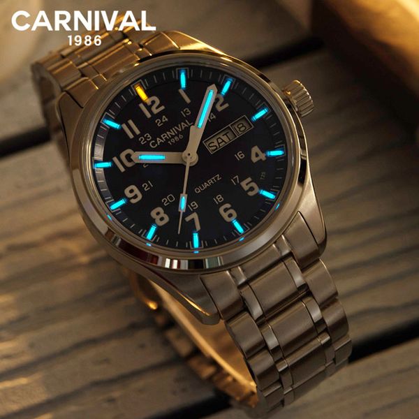 

carnival t25 tritium gas luminous quartz watch men waterproof mens watches sapphire crystal clock relogio masculino, Slivery;brown