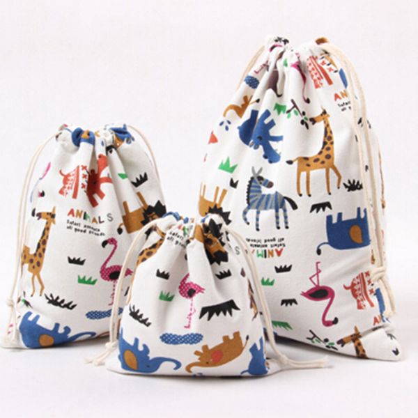 

3pcs/set fashion drawstring canvas grocery shopping bags folding shopping cart eco grab reusable zoo printed bag case pouch