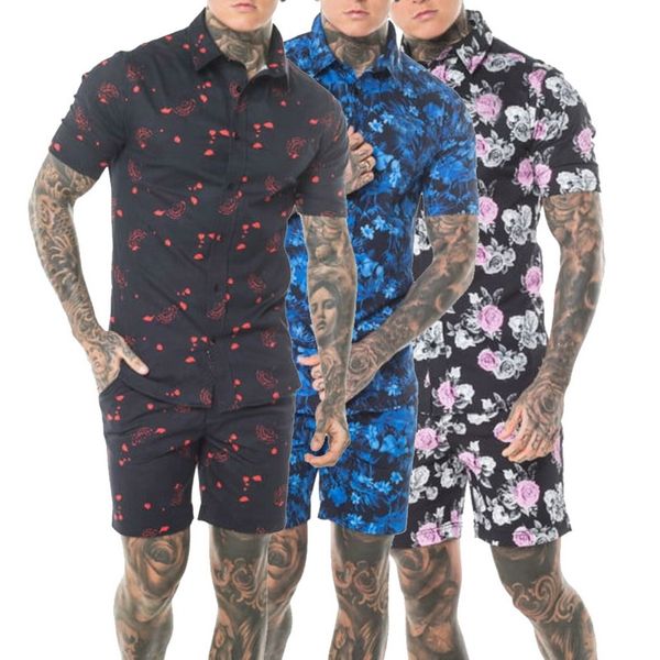 

shujin 2019 летняя мода цветочные печати рубашки men + рубашки шорты набор с коротким рукавом повседневная мужская одежда комплекты tracksui, Gray