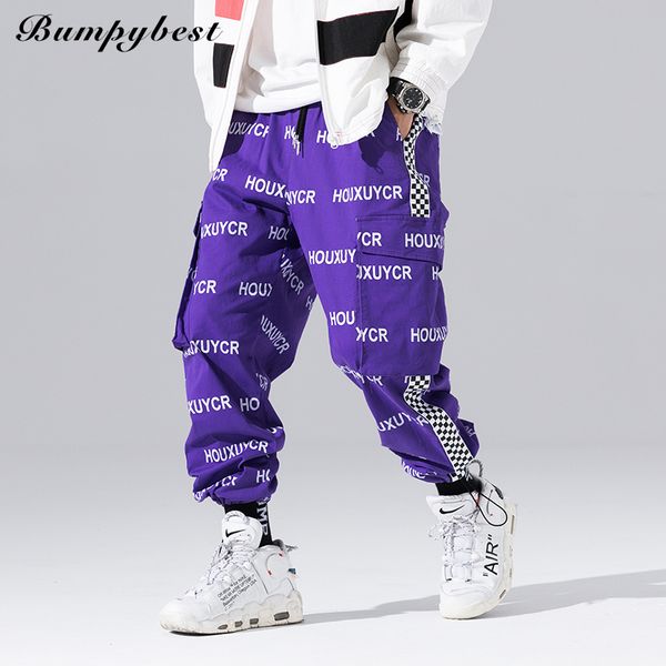 

bumpybeast 2018 men letter printing cargo pants autumn new hip hop style loose cotton casual trousers men's streetwear a880-65, Black