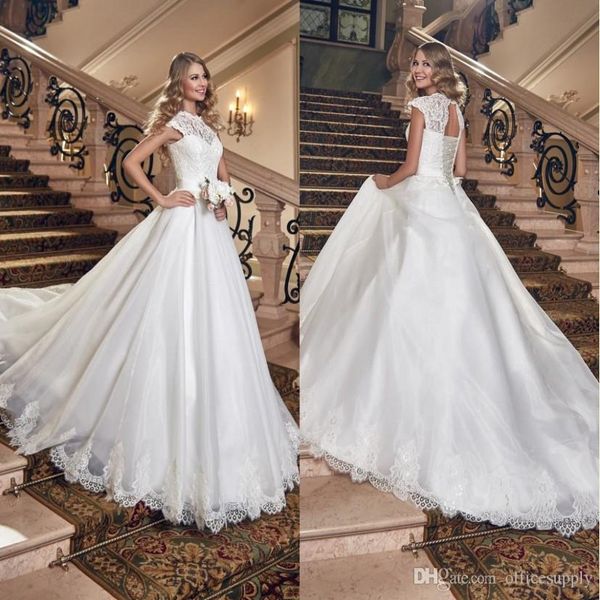 

vestidos de noiva 2019 modest wedding dresses with capped sleeves high neck lace appliqued tulle custom made lace-up back bridal gowns, White