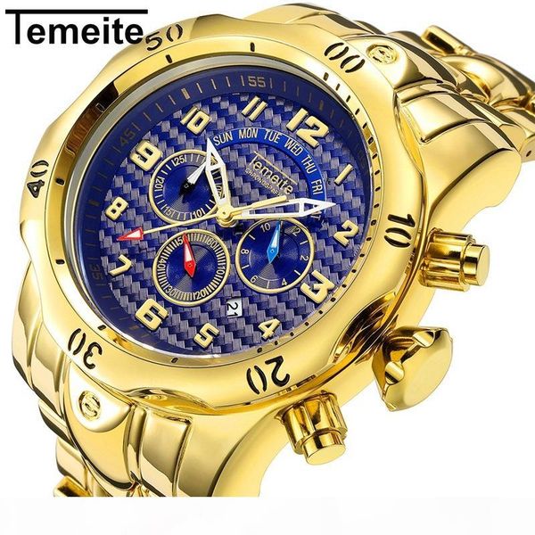 

temeite brand mens watch quartz stainless steel man wristwatch waterproof multifunction men watches gold blue large dial, Slivery;brown