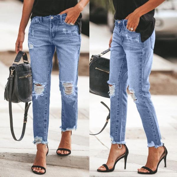 

women fashion jeans casual ripped jeans slim fit female hole broken, Blue