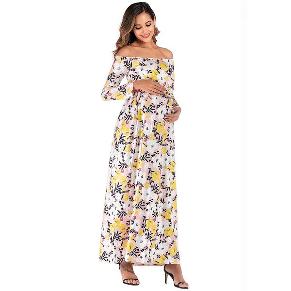

dresses women's maternity pregnanty off shoulder long sleeve flowers print long dress vestidos para embarazadas breastfeeding, White