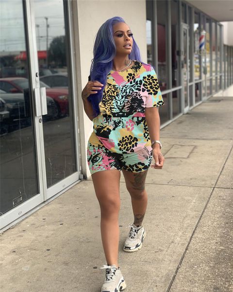 

Big Tiger Multi Colorful Print Womens Fashion Tracksuits Hot Summer Women Short 2pcs Designer Clothing Sets