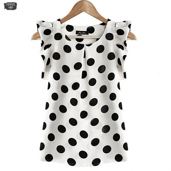 

women summer elegant white chiffon blouse puffed short sleeve black dot print blusas drop shipping good quality