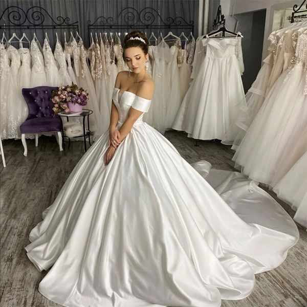 

elegant white ivory satin ball gown plus size wedding dresses off the shoulder corset back bridal wedding party dress vestido noiva
