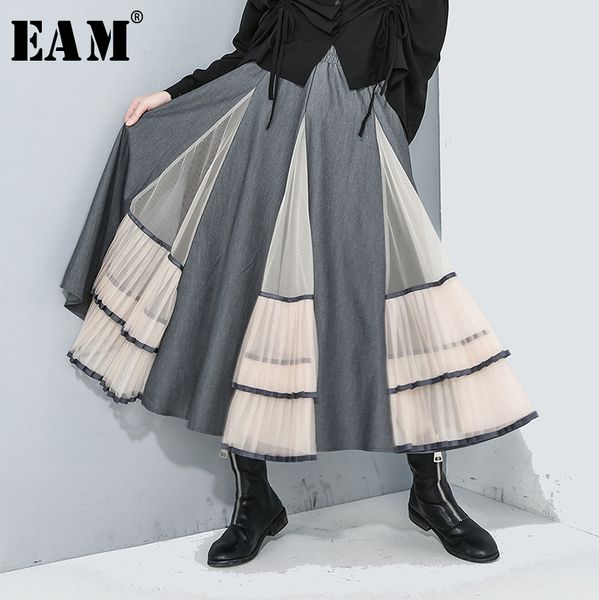 

eam] high elastic waist gray mesh split pleated temperament cake half-body skirt women fashion new spring autumn 2020 1r187, Black