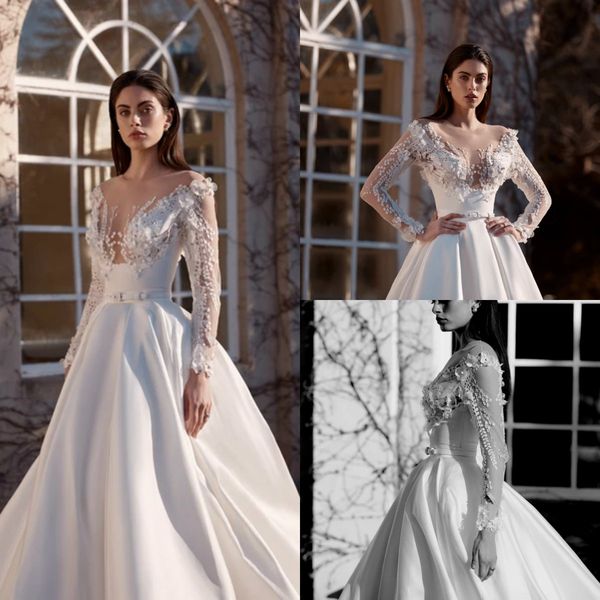 

2021 lace wedding dresses long sleeves appliques beads a-line bridal gowns custom made sweep train a line wedding dress robe de mariage, White
