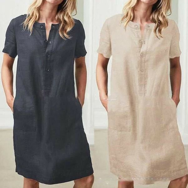 

new women summer cotton linen casual loose dress women girls clothes short sleeve dress plus size, Black;gray