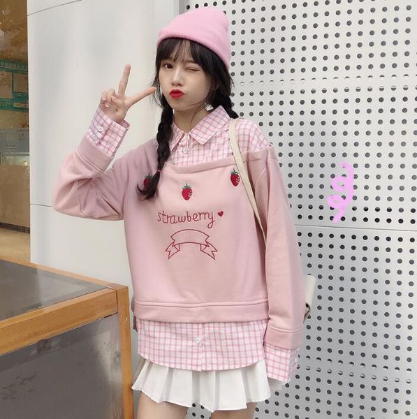 

spring autumn sweet strawberry fake two piece plaid long sleeve sweatshirt women, Black