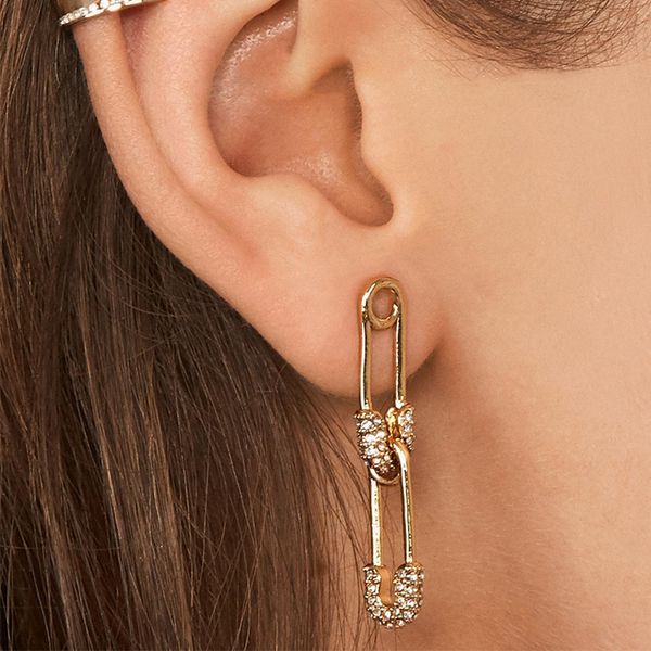 

new fashion designer exaggerated special unique vintage double cool paper clip pin diamond rhinestone crystal stud earrings for women girls