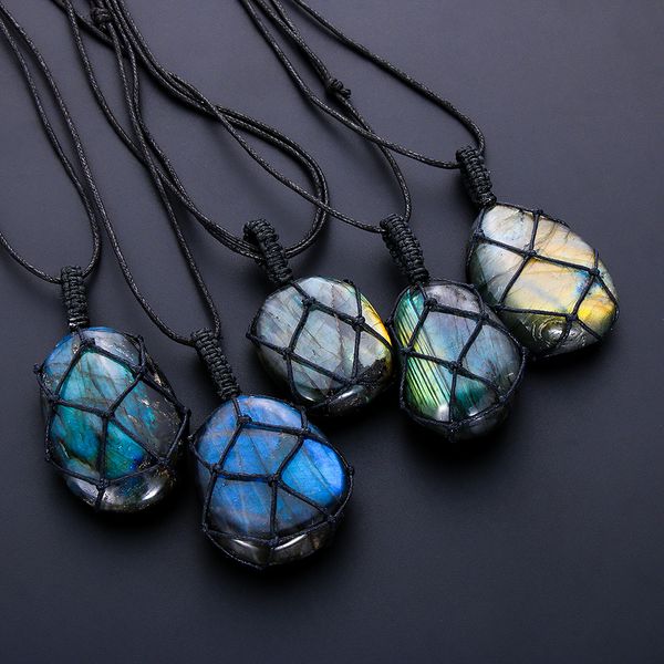 

dragons heart labradorite necklace natural stone pendant wrap braid yoga macrame necklaces men women energy necklace jewelry, Silver