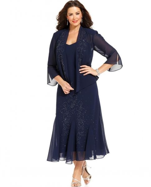 

navy blue chiffon tea length mother of the bride dress with jacket 3/4 sleeves mother party dresses mother formal wear pd5117, Black;red
