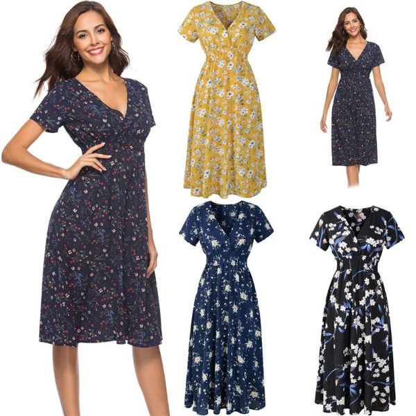 

women v-neck chiffon waist dress summer beach yellow floral print print loose fashion knee dress bohemian style elegant dresses, Black;gray