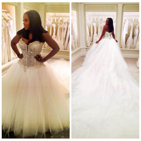 

2019 sweetheart lace beaded crystal bridal gowns lace up back tulle skirt bridal gowns bling bling long vestidos de marriage formal, White