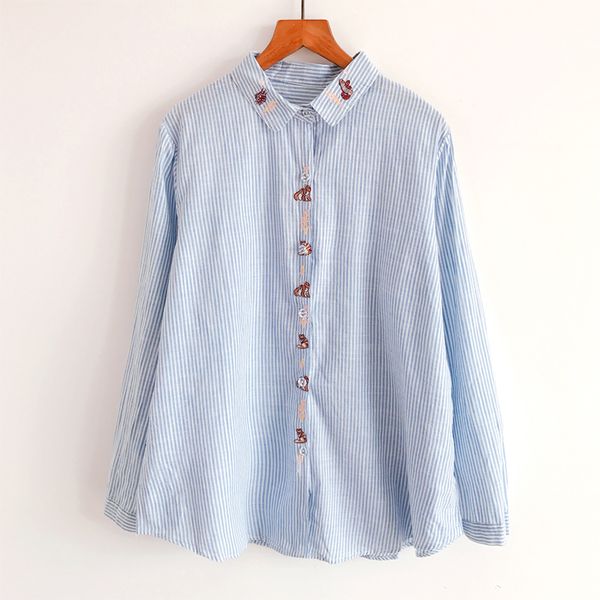 

spring new women's stripe placket embroidered small long sleeve shirt women top, White