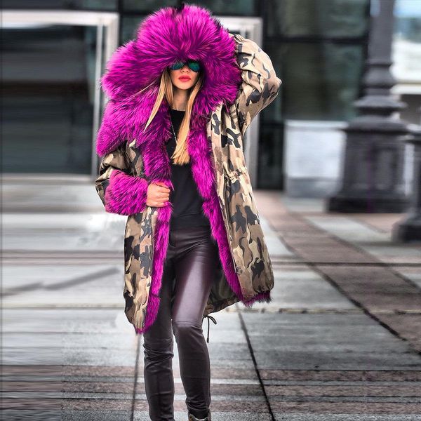 

winter new women designer down parks thick fur design long camouflage warm down coats, Black