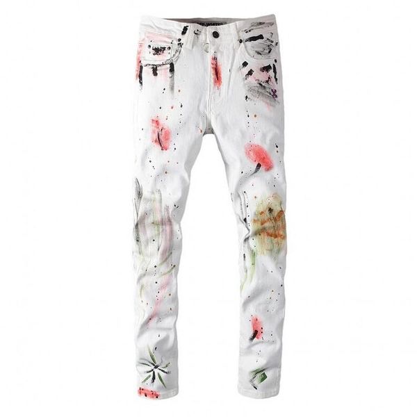 

новое высокое качество мужские джинсы проблемные мотоцикл байкерские джинсы rock тощий тонкий ripped известный бренд белый джинсовые брюки д, Blue