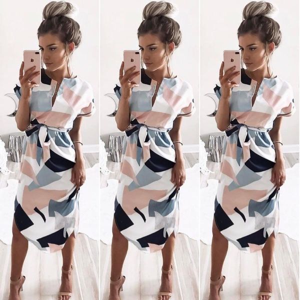 

selling v-neck box printed mid-length dress, Black;gray