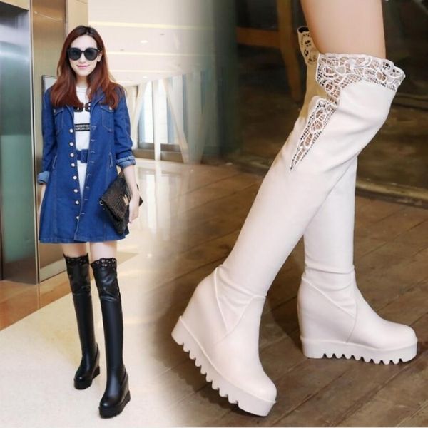 

2019 зима клинья колено высокие сапоги женщины бедро высокие сапоги женские высокие топы хлопок обувь с кружевом короткие плюшевые внутренни, Black