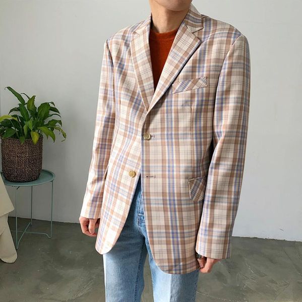 

male retro fashion thin suit blazer jacket outerwear men japan korea streetstyle fashion casual plaid suit coat, White;black
