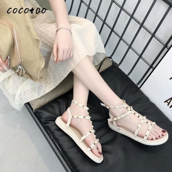 

studded sandals female fairy new fashion elegant wild 2020 spring and summer word with roman sandals tide shoes, Black