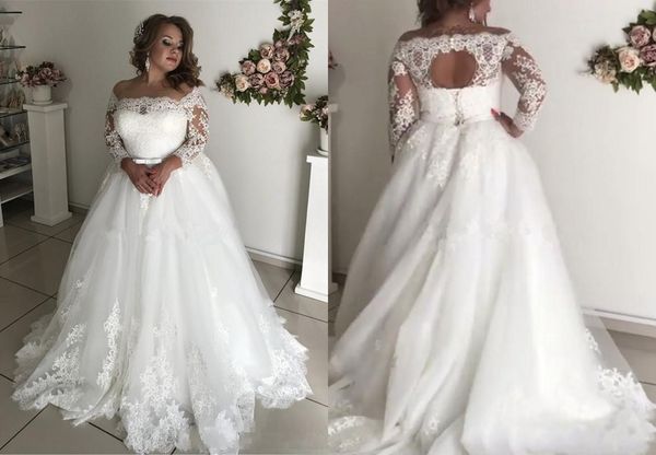 

elegant plus size lace wedding dresses off the shoulder illusion long sleeves applique country wedding dress bridal gowns vestidos de novia, White